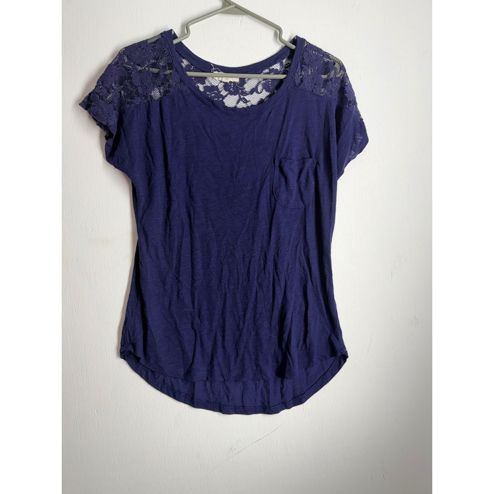 Paper + Tee Navy Blue Lace Yoke Short Sleeve Pocket Top Shirt Large